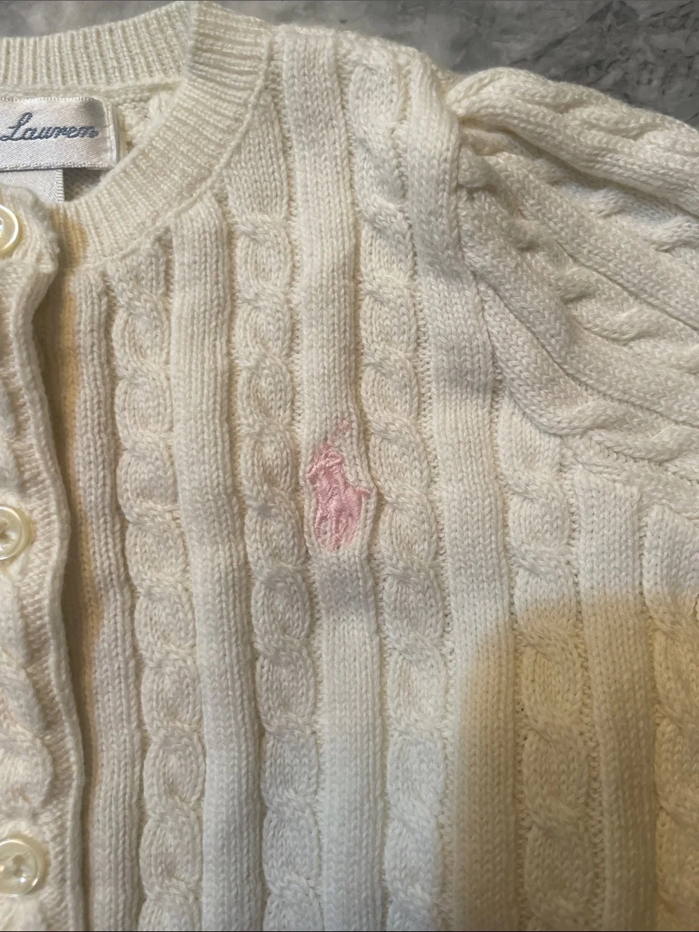 Ralph Lauren Baby Cream Cable-Knit Cardigan with Pink Pony
